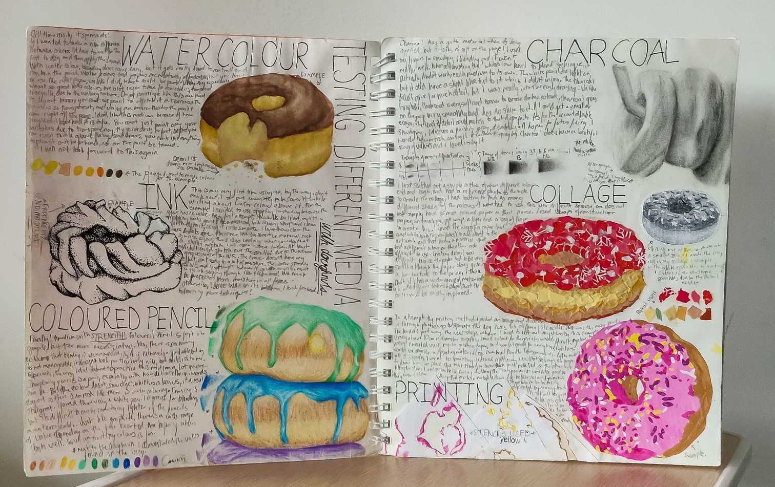 Study of doughnuts in watercolour, ink, coloured pencil, charcoal, collage and stencil printing. I filled up the space between the studies with details on my experience with the medium